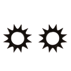 Detailed view of black star-shaped matte stainless steel stud earrings on white background