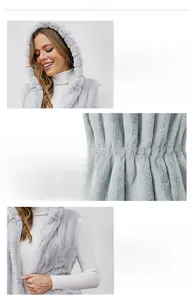 Detail of light grey faux fur hooded vest showing plush texture and drawstring waist