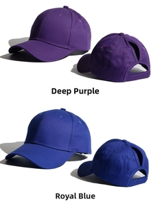Detail view of cotton ponytail baseball caps in deep purple and royal blue with velcro