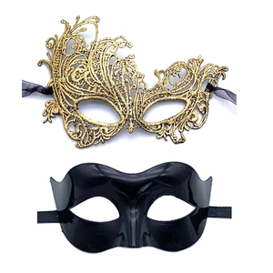Detail view of gold lace embroidery mask and black sleek resin eye mask set for parties