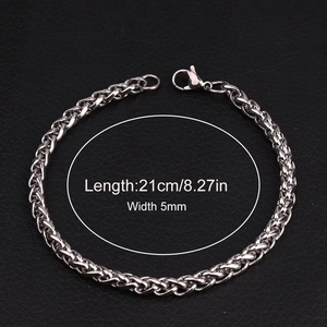 Stainless steel woven chain bracelet, 21cm length and 5mm width, silver vintage style