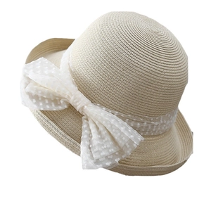 Chapeau de soleil d'été en paille pour femme avec ruban dentelle à pois élégant
