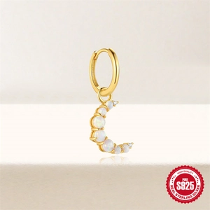 S925 sterling silver gold hoop earrings featuring moon shape with white opal stones
