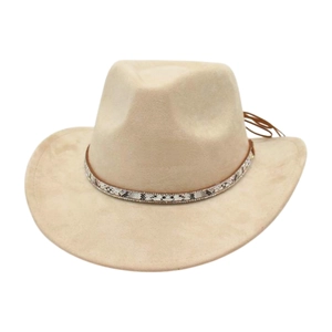Chapeau de cowboy classique en daim beige avec bande à motif serpent et strass brillants