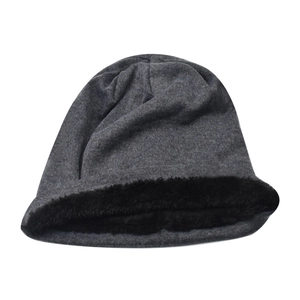 Detailed close-up of dark grey knitted beanie showing thick black faux fur warm lining
