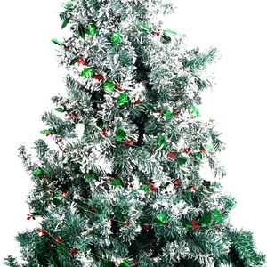 Artificial flocked Christmas garland with red berries and green leaves on white background