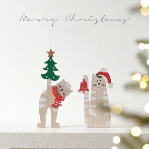 Handcrafted wooden cat Christmas figurines with Merry Christmas and HO HO engravings