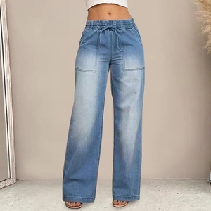 Lichtblauwe wide leg jeans voor dames met hoge taille en trekkoord in de taille