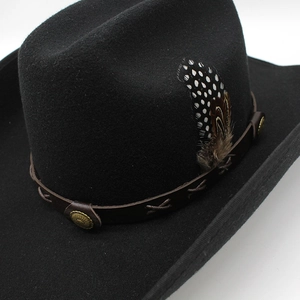 Classic black felt cowboy hat with leather studded band and textured feather accent