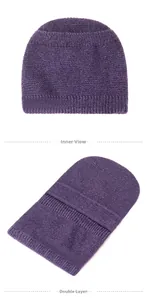 Detail view of double-layer knit structure for winter purple squirrel velvet beanie hat