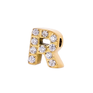 Macro view of gold-plated letter R pendant featuring micro-paved sparkling cubic zirconia