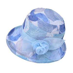 Summer blue floral sun hat for women with elegant organza flower decoration
