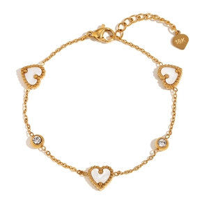 Minimalist 18K gold plated stainless steel bracelet with white hearts and round zircons