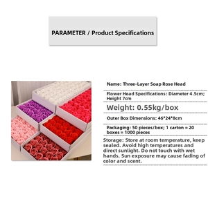 Detailed view of 50pcs 3-layer soap rose flower heads in red, pink and white shades