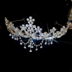 Detail of silver rhinestone crown with floral motif and dangling tassels on black background