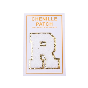 Detailed chenille patch letter R with gold glitter border and self-adhesive backing