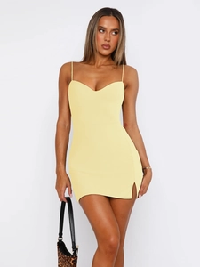 Detailed close-up of yellow Y2K bodycon mini dress with side slit and slim fit tailoring