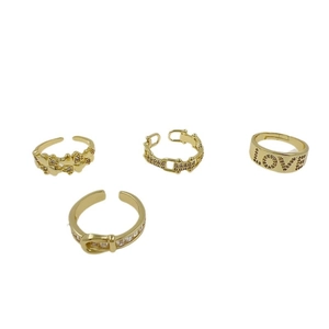 Set of four 18K gold plated adjustable rings with heart shapes and cubic zirconia