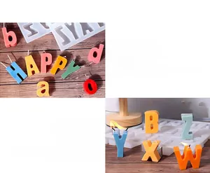 Detailed view of colorful letter-shaped candles and translucent silicone alphabet molds
