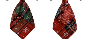 Detail of Christmas plaid pet neckties with green stripes and white snowflake patterns