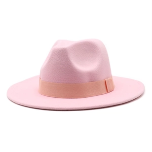 Classic wide brim fedora hat in soft pink wool felt with decorative grosgrain ribbon band