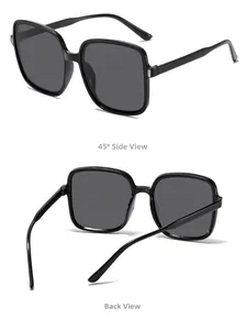 Detailed side and back view of oversized square black sunglasses with metal hinges