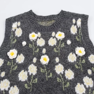 Dark grey knitted mohair vest with white 3D flower crochet patterns and round neckline