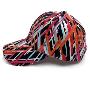 Close-up of abstract geometric graffiti print on street style baseball cap with curved brim
