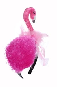 Detail of pink flamingo headband with plush material and feather accents for party decor