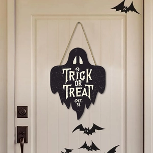 Halloween ghost wooden door sign with Trick or Treat text and rustic rope hanger