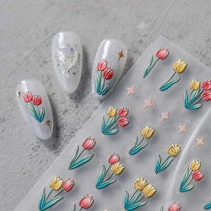 5D embossed tulip nail stickers with gradient floral patterns and 3D relief texture
