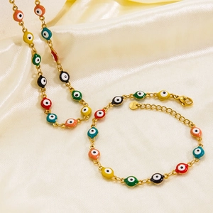 Polished gold stainless steel evil eye necklace and bracelet set with colorful enamel pendants