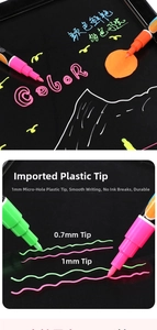 Detail of 0.7mm and 1mm liquid chalk marker tips showing vibrant neon color strokes