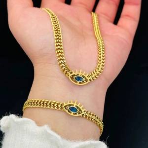 Evil Eye Pendant Necklace For Women Gold Plated Stainless Steel Flat Wheat Chain Blue Black Rhinestone Chic Retro Jewelry
