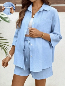 Maternity Shirt And Shorts Button Down Loose Fit Solid Color Cotton Blend Adjustable Waist Summer Casual For Women