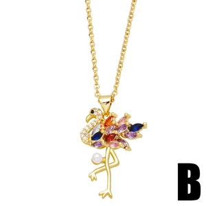 Golden flamingo necklace with colorful zircon feathers and a white pearl accent