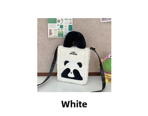 Close-up of white plush panda crossbody bag with HNSN PANDA embroidery and soft faux fur
