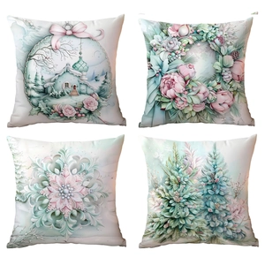 Set of 4 mint green Christmas pillow covers with winter deer and tree illustrations