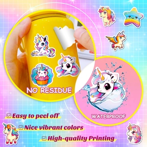 Waterproof unicorn stickers on a yellow bottle showing durable and colorful design