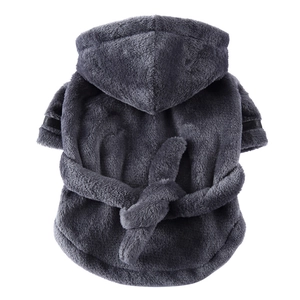 Dark grey pet bathrobe in plush flannel with hood and waist tie for dogs and cats