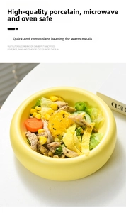 Detail of yellow ceramic donut bowl filled with fresh salad on a bright white table