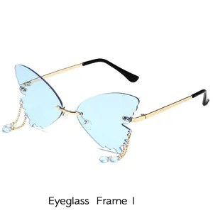 Blue butterfly rimless sunglasses with gold metal temples and hanging beaded chain charms