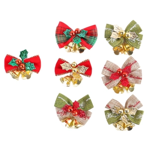 Various Christmas bows with bells and berries in festive plaid and solid fabric textures