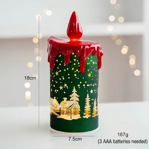 Detail of Christmas LED lantern with green metallic body and 18cm height dimension