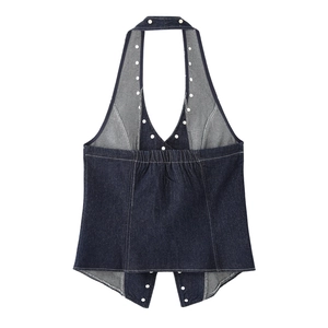 Fashionable dark blue denim halter top with metal rivets and open back design