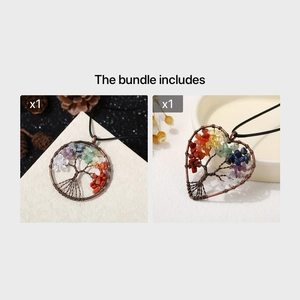 Detail of round and heart tree of life pendants with colorful natural stones and wire wrap