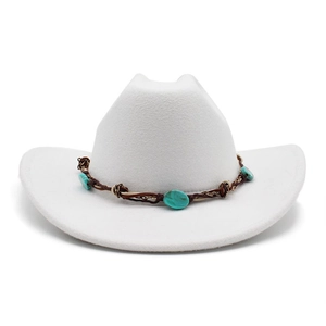 White wide brim western cowboy hat with brown woven band and turquoise gemstones