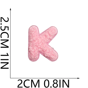 Detailed dimensions of pink chenille letter K embroidery patch showing height and width
