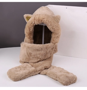 Detail view of khaki faux fur 3-in-1 winter set with hooded scarf and earflaps