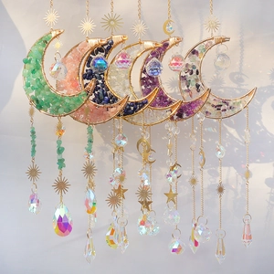 Crystal Suncatcher Moon Wind Chimes Natural Stone Metal Hanging Ornament Garden Window Boho Rainbow Prism Ball Decor